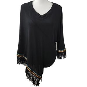 Women's Black V-Neck Pull Over PonchoSweater w/Fringe detail (OSFM)